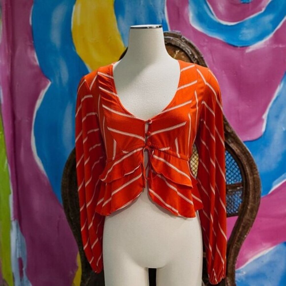 Free People Orange Striped Peplum‎ Boho Blouse Long Sleeve Festival Top XS